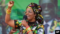 FILE - Zimbabwe's first lady, Grace Mugabe, greets supporters at a rally, July 29, 2017.