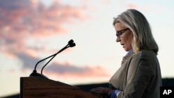 Rep. Liz Cheney, R-Wyo., speaks, Aug. 16, 2022, at a primary Election Day gathering in Jackson, Wyo. Cheney lost to Republican opponent Harriet Hageman in the primary. 