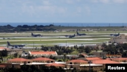 FILE - A view of U.S. military planes parked on the tarmac of Andersen Air Force base on the island of Guam, a U.S. Pacific territory, Aug. 15, 2017.