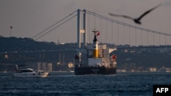 FILE - The Panama-flagged bulk carrier Navi Star carrying tons of grain from Ukraine sails along the Bosphorus Strait past Istanbul on Aug. 7, 2022, after being officially inspected. 