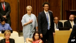 Small Business Administration (SBA) Administrator Linda McMahon arrives in the ECOSOC Chamber at United Nations headquarters, May 11, 2017.