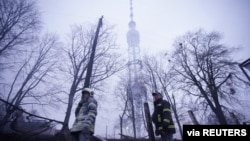 A view shows an affected area following an attack by Russian forces on a television tower in Kyiv, March 1, 2022. (Ukrainian State Emergency Service/Handout via Reuters) 