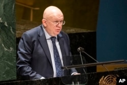 Vasily Nebenzya, Permanent Representative of Russia to the United Nations, speaks during an emergency meeting of the U.N. General Assembly, Feb. 28, 2022, at United Nations Headquarters in New York.