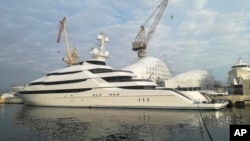 This photo provided by French Customs shows the yacht 'Amore Vero' docked in the Mediterranean resort of La Ciotat, March 2, 2022. French authorities have seized the yacht linked to Igor Sechin, a Putin ally who runs Russian oil giant Rosneft.