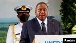 Kenya's President Uhuru Kenyatta speaks at the United Nations Environment Program 50th anniversary celebrations in Gigiri, Nairobi, Kenya, March 3, 2022. 