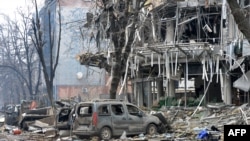 A view of damaged building after the shelling is said by Russian forces in Ukraine's second-biggest city of Kharkiv on March 3, 2022.