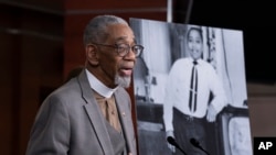 FILE - Rep. Bobby Rush, D-Ill., speaks during a news conference about the 'Emmett Till Antilynching Act' designating lynching as a hate crime under federal law, on Capitol Hill in Washington, Feb. 26, 2020. 