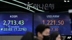 Currency traders watch computer monitors near the screens showing the Korea Composite Stock Price Index (KOSPI), left, and the foreign exchange rate between U.S. dollar and South Korean won at a foreign exchange dealing room in Seoul, South Korea, Monday, March 7, 2022. The price of oil jumped more than $10 a barrel and shares were sharply lower Monday as the conflict in Ukraine deepened amid mounting calls for harsher sanctions against Russia. (AP Photo/Lee Jin-man)