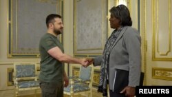 Ukraine's President Volodymyr Zelenskiy welcomes U.S. Representative to the United Nations, Ambassador Linda Thomas-Greenfield, as Russia's attack on Ukraine continues, in Kyiv, Ukraine, Nov. 8, 2022. 