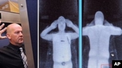 This file combination of images taken on October 13, 2009 shows an airport staff member (L) demonstrating a full body scan at Manchester Airport in Manchester, England