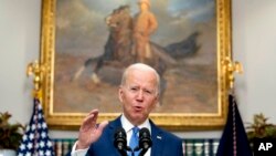 US President Joe Biden speaks about the war in Ukraine in the Roosevelt Room at the White House, April 28, 2022, in Washington.
