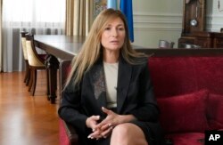 FILE - Ukraine's First Deputy Foreign Minister Emine Dzhaparova talks during an interview with The Associated Press in Kyiv, Ukraine, Aug. 11, 2021.