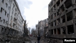 A view shows buildings damaged by recent shelling during Russia's invasion of Ukraine in Kharkiv, Ukraine, March 8, 2022.
