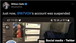 Jurnalis VOA William Gallo menunjukkan informasi bahwa akun Twitter milik wartawan VOA Steve Herman telah ditangguhkan pada 15 Desember 2022. (Foto: Tangkapan layar)
