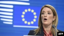 FILE - European Parliament President Roberta Metsola speaks at a press conference during the European Council Summit in Brussels on Dec. 15, 2022.