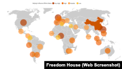 This graphic, which illustrates China's influence on worldwide press, is based on a report titled “Beijing’s Global Media Influence 2022" by the U.S.-based think tank Freedom House. 
