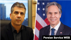 ‌از راست به چپ،‌ انتونی بلینکن، وزیر خارجهٔ امریکا، و الی کوهن، وزیر خارجهٔ اسراییل 