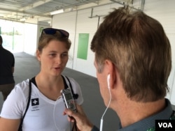 Maja Siegenthaler, Swiss sailor, 470 class, talking with VOA's Parke Brewer in Rio de Janeiro, Brazil, Aug. 7, 2016. (A. Andrade/VOA)