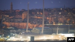 This March 10, 2022, photo shows Sailing Yacht A, owned by Russian oligarch Andrey Melnichenko in Trieste, Italy.