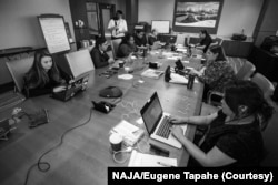 The 2019 class of Native American Journalism Association Fellows at work during NAJA's annual conference, Prior Lake, MN, February 5, 2020.