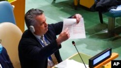 Ukranian Ambassador to the United Nations Sergiy Kyslytsya speaks after a vote during an emergency meeting of the General Assembly at U.N. headquarters, March 24, 2022.