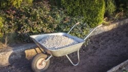 Single wheel garden wheelbarrow loaded with crushed stone prepared for garden path reconstruction in the autumn garden