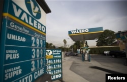 FILE - The prices at a Valero Energy Corp gas station are pictured in Pasadena, California, on Oct. 27, 2015.