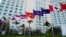 Flags of participating countries fly outside the venue as Cambodia hosts the Association of Southeast Asian Nations summit in Phnom Penh, Nov. 10, 2022.