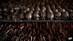 FILE - Skulls and bones of some of those killed in Rwanda's genocide are seen at a memorial shrine at a Catholic church in Ntarama, Rwanda, April 4, 2014.