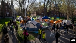FILE - Students protest against the war in Gaza at an encampment at Harvard University in Cambridge, Massachusetts, on April 25, 2024. Several experts say that such encampments, as well as the occupying of buildings, aren't necessarily protected under the First Amendment.