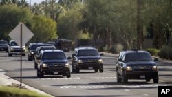 President Barack Obama's vehicle and motorcade leave Thunderbird Country Club in Rancho Mirage, Calif., Feb. 13, 2016. On Monday and Tuesday, Obama will be with the leaders of the Association of Southern Asian Nations (ASEAN).