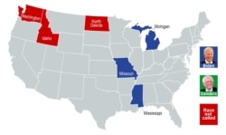The AP says former Vice President Joe Biden won the Democratic presidential primaries in Michigan, Missouri and Mississippi. Voting continues in Idaho and Washington, and no call has been made in the North Dakota caucuses.