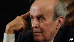 FILE - Ricardo Alarcon, president of Cuba's National Assembly, speaks during a press conference in Mexico City, Oct. 7, 2011. Authorities in Cuba have announced on May 1, 2022, that Alarcon has died.