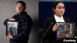 Bahram Sintash holds a photo of his father, Qurban Mamut, who has been missing since 2017, in this AP photo; Jewher Ilham, daughter of imprisoned Uyghur scholar Ilham Tohti, holds a photo of her father during the Sakharov Prize ceremony at the European Parliament, in Strasbourg, France, Dec. 18, 2019, in this image from the U.S. Holocaust Memorial Museum.