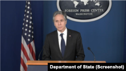 5月3日世界新闻自由日，美国国务卿布林肯在国务院外国记者中心发表主题为新闻自由的演讲（国务院视频截图）。