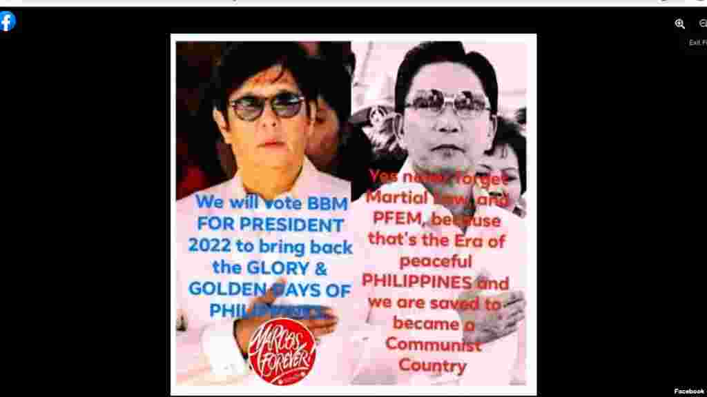 There are massive social media disinformation campaigns in the Philippines that include calling the Marcus Sr. era the 'Golden Days.'