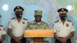 Leon Charles, the director-general of Haiti’s National Police Force, holds a press conference in Port-au-Prince to respond to the initial Fantom 509 jailbreak and protest, March 17, 2021. (Matiado Vilme/VOA)