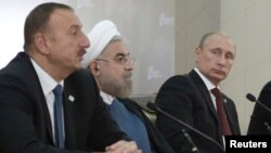 الهام علی اف رئیس جمهوری آذربایجان، حسن روحانی رئیس جمهوری ایران و ولادیمیر پوتین رئیس جمهوری روسیه 