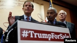 U.S. Senator Richard Blumenthal, from left, (D-CT), House Judiciary Committee member John Conyers, Jr. (D-MI) and Senator Pat Leahy (R) hold a press conference to outline the claim that U.S. President Donald Trump violated the emoluments clause of the Constitution, June 20, 2017. 