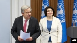 U.N. Secretary-General Antonio Guterres leaves after a joint press conference with Moldovan Prime Minister Natalia Gavrilita in Chisinau, Moldova, May 9, 2022. 