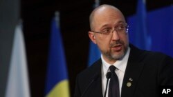 Ukraine Prime Minister Denys Shmyhal attends a press conference after the High-Level International Donors' Conference for Ukraine in Warsaw, Poland, May 5, 2022.