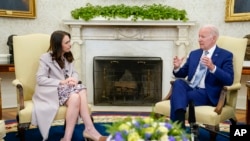 President Joe Biden meets with New Zealand Prime Minister Jacinda Ardern in the Oval Office of the White House, May 31, 2022, in Washington.