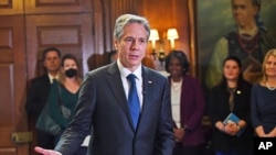 Державний секретар Ентоні Блінкен виступає під час відвідування Україну четвер, 19 травня 2022 р., у Нью-Йорку. (Андреа Рено/Pool через AP)