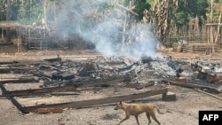 This photo from humanitarian group Free Burma Rangers taken May 3, 2022, and released May 4 shows a dog running past the burning remains of a building after airstrikes and mortar attacks by the Myanmar military, according to the Free Burma Rangers.