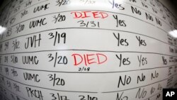 FILE - This May 13, 2020, photo made with a fisheye lens shows a list of the confirmed COVID-19 cases in Salt Lake County early in the coronavirus pandemic at the Salt Lake County Health Department, in Salt Lake City.