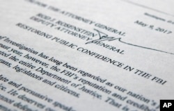 The letter from Deputy Attorney General Rod Rosenstein titled "Restoring Public Confidence in the FBI" is photographed in Washington, May 9, 2017.