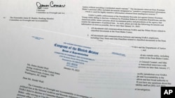 FILE - A letter from Congressman James Comer to Debra Steidel Wall, archivist of the U.S., is seen Jan. 10, 2023. House Republicans are demanding the White House turn over all information related to classified documents uncovered at President Joe Biden’s home and former office.