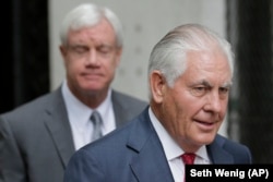 FILE - In this Oct. 30, 2019, photo former Exxon CEO and ex-Secretary of State Rex Tillerson leaves a courthouse in New York. (AP Photo/Seth Wenig)