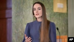 Oleksandra Matviichuk, head of the Center for Civil Liberties attends a press conference with representatives of the 2022 Nobel Peace Prize laureates on the eve of the Nobel Peace Prize ceremony at the Norwegian Nobel Institute in Oslo, Norway, Dec. 9, 2022. 