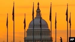 A pedestrian walks through the U.S. Flags on the National Mall and past the U.S. Capitol Building in Washington, Nov. 7, 2022, one day before the midterm election will determine the control of the U.S. Congress.